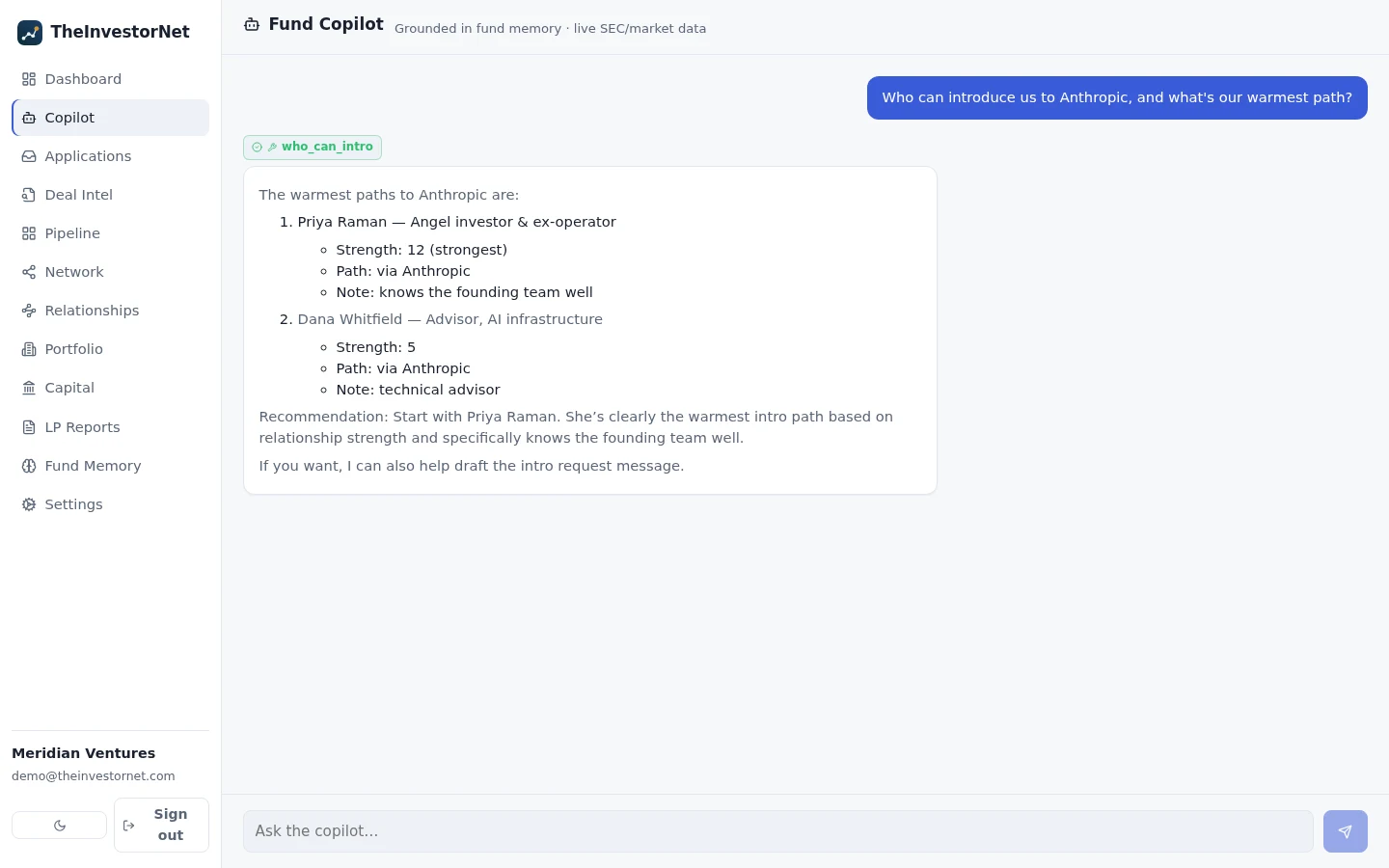 The Fund Copilot answering a warm-intro question with ranked connectors.
